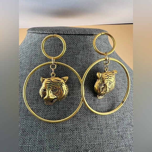 Lion Head Earrings Large Hoop Bronze Circle Dangle Animal Earrings Vintage 80's - Picture 1 of 4